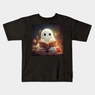 a cartoon of a white monster reading a book Kids T-Shirt